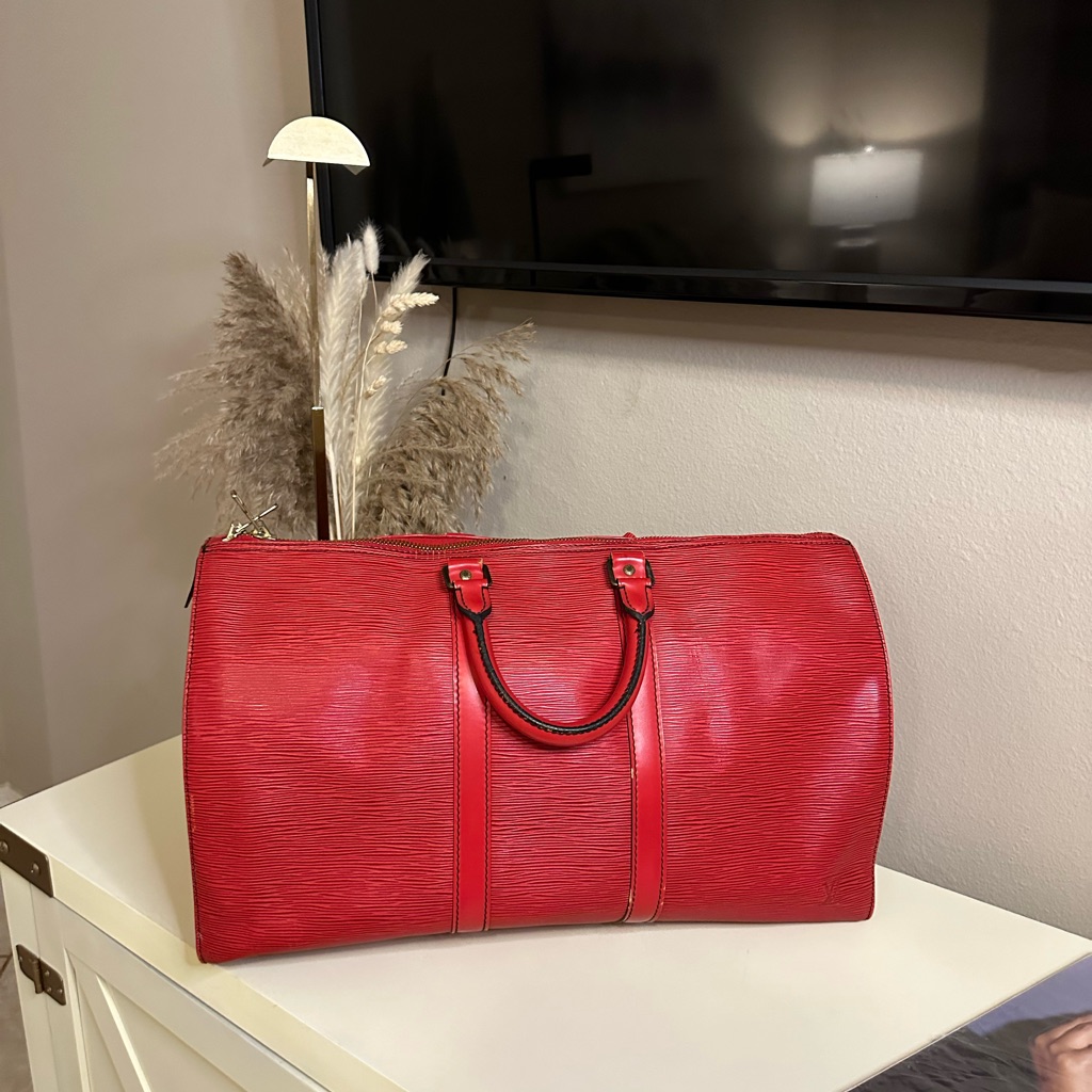 Authentic 1990 Louis Vuitton Keepall 50 Boston Bag In Red Epi Leather